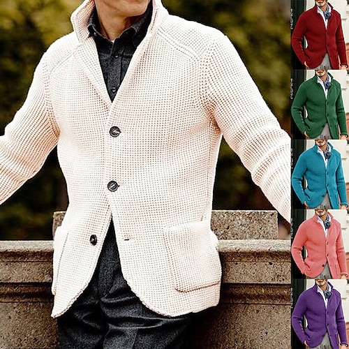 

Men's Sweater Cardigan Sweater Ribbed Knit Pocket Knitted Solid Color Standing Collar Warm Ups Modern Contemporary Daily Wear Going out Clothing Apparel Fall Winter Pink Blue S M L