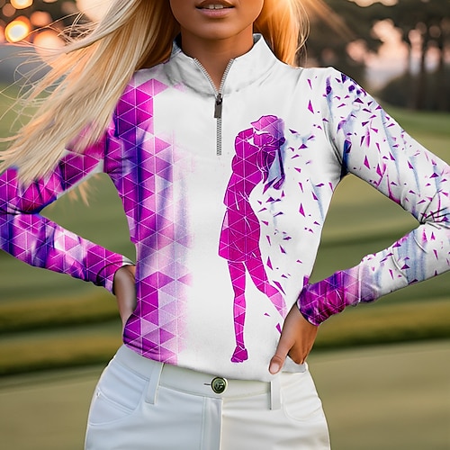 

Women's Polo Shirt Golf Shirt Breathable Quick Dry Moisture Wicking Long Sleeve Golf Apparel Golf Clothes Regular Fit Zipper Stand Collar Geometry Printed Spring Autumn Tennis Golf Pickleball