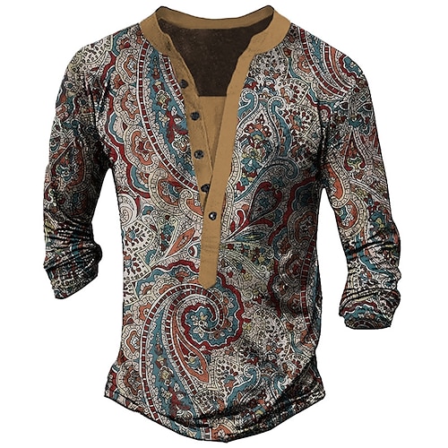 

Graphic Paisley-Muster Retro Vintage Klassisch Brautkleider schlicht Herren 3d Drucken Henley Shirt Festtage Ausgehen Festival T-Shirt Gelb Blau Braun Langarm Henley Hemd Frühling Herbst Bekleidung