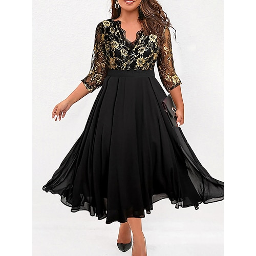 

Women's Plus Size Curve Black Dress Party Dress Chiffon Dress Floral Long Dress Maxi Dress 3/4 Length Sleeve Print Mesh V Neck Elegant Dress