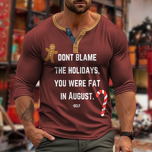 

Graphic Candy Cane Gingerbread Man Fashion Daily Casual Men's 3D Print Henley Shirt Casual Holiday Going out T shirt Black Blue Red & White Long Sleeve Henley Shirt Spring & Fall Clothing