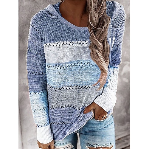 

Pull Maille Femme A côtes Tricoter Normal Patchwork Troué Rayé Capuche mode Décontractées du quotidien Sortie manche longue Automne Hiver Rose Claire Bleu S M L