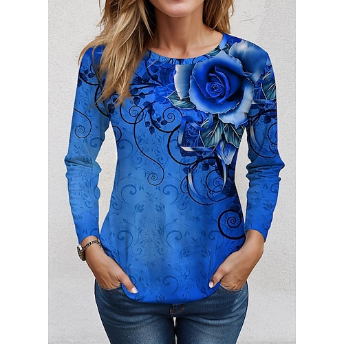 

Femme T shirt Tee Jaune Bleu Violet Floral Imprimer manche longue Vacances Fin de semaine Mode Col Rond Standard Fleur Peinture Printemps Automne