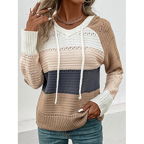 

Women's Pullover Sweater Jumper Jumper Ribbed Knit Regular Hollow Out Striped Hooded Stylish Casual Daily Going out Fall Winter Khaki S M L