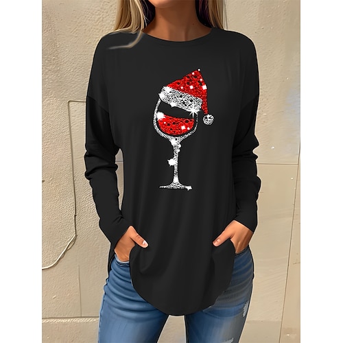 

Mujer Camiseta Camisa de Navidad Negro Rosa Rojo Copa de vino Diamantes Sintéticos Estampado Manga Larga Navidad Fin de semana Festival / Vacaciones Escote Redondo Ajuste regular Pintura Primavera