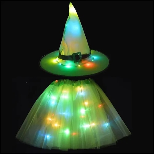 

Halloween-Kostüm, Lichter, Hexenhut, LED, leuchtender Rock, Cosplay-Requisiten, Party für Kinder