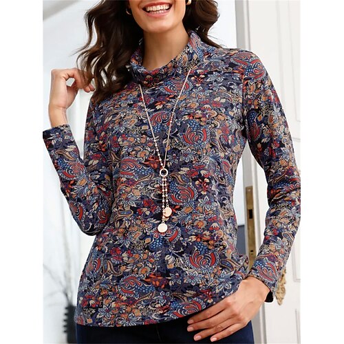 

Mujer Camiseta Azul Piscina Floral Estampado Manga Larga Diario Fin de semana Moda Cuello Alto Ajuste regular Flor Pintura Otoño invierno