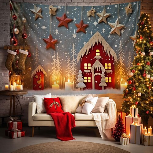 

Christmas Snowy House Hanging Tapestry Wall Art Large Tapestry Mural Decor Photograph Backdrop Blanket Curtain Home Bedroom Living Room Decoration