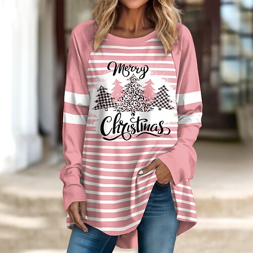 

Women's T shirt Tee Christmas Shirt Pink Blue Purple Leopard Plaid Christmas Tree Print Long Sleeve Christmas Weekend Festival / Holiday Round Neck Regular Fit Painting Spring Fall