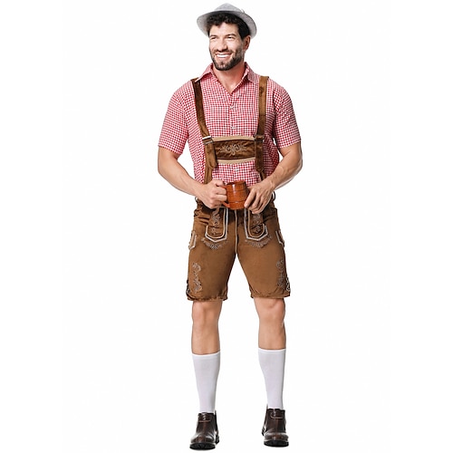  Μπύρα Oktoberfest Στολές Lederhosen Πουκάμισο βαυάρος βαυάρος Γερμανικά Λιβάδια Ανδρικά Πανί παραδοσιακού στυλ Μπλούζα Κοντά Παντελονάκια Καπέλο
