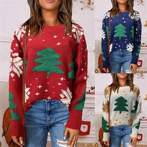 

Damen Hässlicher Weihnachtspullover Strickwaren Gerippt Stricken Standard Patchwork Weihnachtsbaum Rundhalsausschnitt Stilvoll Brautkleider schlicht Outdoor Weihnachten Herbst Winter Rote Marineblau