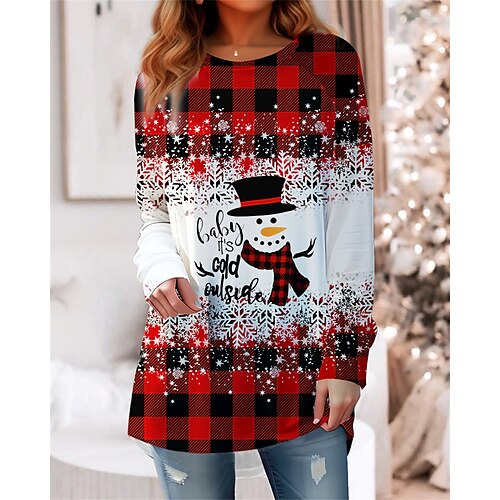 

Damen T Shirt Weihnachts-Shirt Gelb Rote Blau Plaid Schneemann Schneeflocke Bedruckt Langarm Weihnachten Wochenende Fest / Feiertage Rundhalsausschnitt Regular Fit Farbe Frühling Herbst