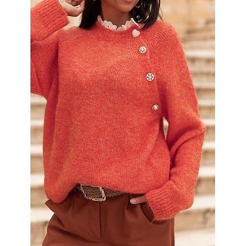 

Women's Pullover Sweater Jumper Crew Neck Fuzzy Knit Oversized Fall Winter Holiday Weekend Vintage Style Soft Long Sleeve Solid Color Pearl Orange Beige