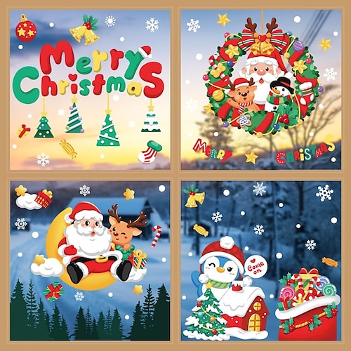 Happy 2024 New Year Christmas Window Santa Claus Snowflake Stickers for Kids  Rooms New Year Christmas Window Decorations
