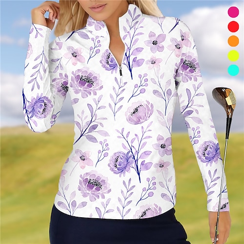 

Femme T-shirt POLO Chemise de golf Respirable Séchage rapide Evacuation de l'humidité manche longue Vêtements de golf Top Standard Zippé Col Montant Floral Imprimé Printemps Automne Tennis Le golf