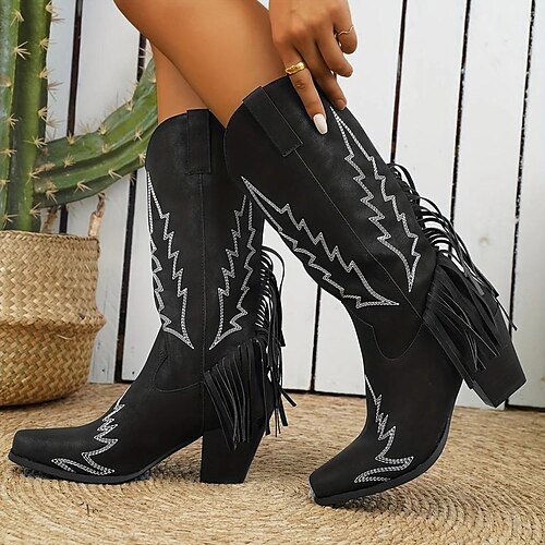 

Damen Stiefel Cowboy Westernstiefel Übergrössen Outdoor Arbeit Täglich Stiefel mit mittlerer Wade Quaste Stickerei Blockabsatz Spitze Zehe Vintage Modisch Elegant PU Halbschuhe Blumen Schwarz