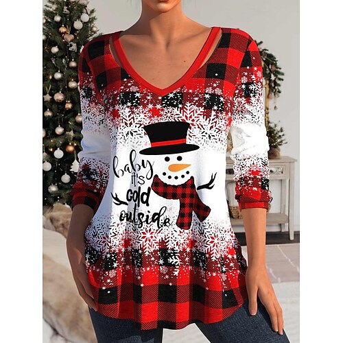 

Mujer Camiseta Camisa de Navidad Rojo Plaid Muñeco de Nieve Copo Estampado Manga Larga Navidad Fin de semana Festival / Vacaciones Escote en Pico Ajuste regular Pintura Primavera Otoño