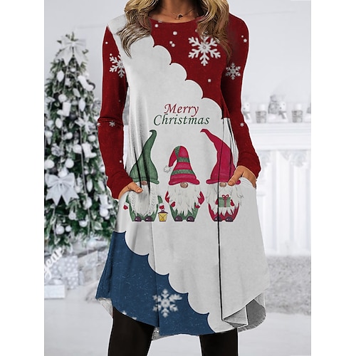 

Women's Christmas Work Dress Casual Dress Fashion Winter Dress Daily Midi Dress Pocket Print Crew Neck Long Sleeve Santa Claus Snowflake Regular Fit Black Wine Navy Blue Fall Winter S M L XL XXL