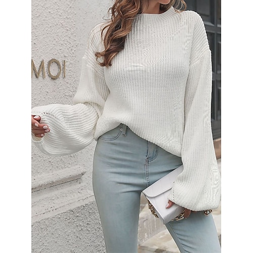 

Damen Pullover Strickwaren Gerippt Stricken Standard überdimensional Feste Farbe Rundhalsausschnitt Stilvoll Brautkleider schlicht Outdoor Täglich Herbst Winter Schwarz Weiß Khaki S