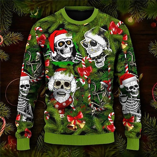 

Skull Gothic Casual Men's Knitting Print Ugly Christmas Sweater Pullover Sweater Jumper Knitwear Outdoor Daily Vacation Christmas Long Sleeve Crewneck Sweaters Black Red Green Fall Winter S M L