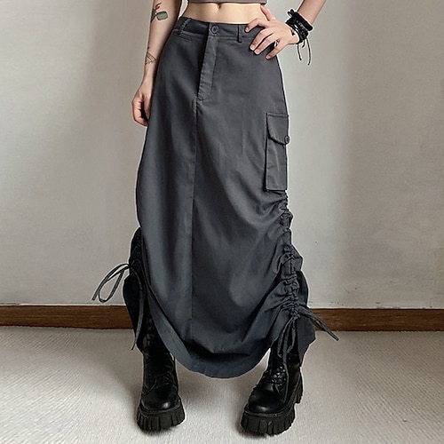 

Women's Cargo Skirt Maxi Grey Skirts Fall Winter Pocket Drawstring Fashion Street Daily S M L