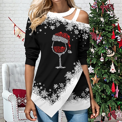 

Women's Shirt Blouse Christmas Shirt Black Graphic Snowflake Cut Out Asymmetric Print Long Sleeve Party Christmas Casual Festival / Holiday Round Neck Regular Fit Spring Fall