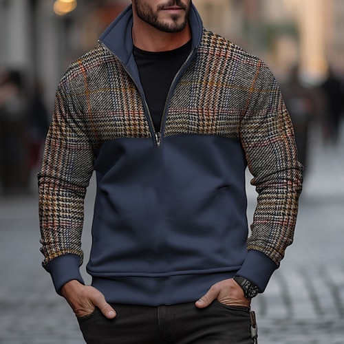 

Men's Sweatshirt Zip Sweatshirt Outerwear Black Navy Blue Green Standing Collar Plaid Color Block Patchwork Sports Outdoor Daily Holiday Streetwear Basic Casual Spring Fall Clothing Apparel