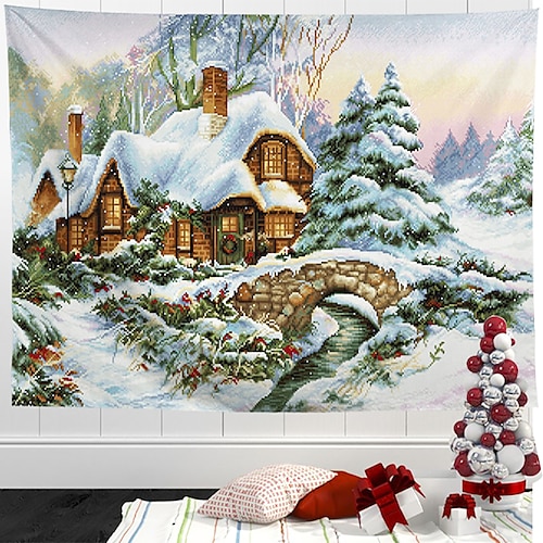 

Tapiz colgante de casa nevada de Navidad, arte de pared, tapiz grande, decoración mural, fotografía, telón de fondo, manta, cortina, hogar, dormitorio, sala de estar