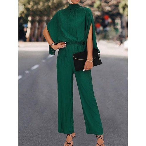 

Women's Jumpsuit High Waist Solid Color Stand Collar Streetwear Work Street Regular Fit 3/4 Length Sleeve Black Green S M L Fall