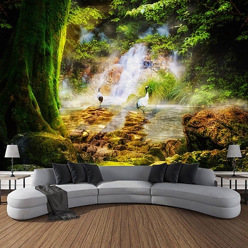 

Forest Fairytale Landscape Hanging Tapestry Wall Art Large Tapestry Mural Decor Photograph Backdrop Blanket Curtain Home Bedroom Living Room Decoration Animal Deer Peacock