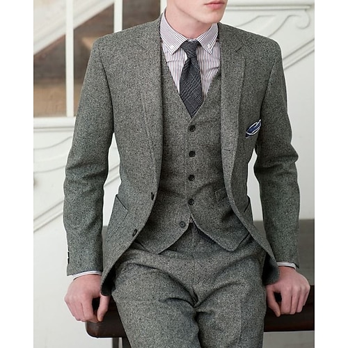 

Men's Vintage Retro Tweed Herringbone Wedding Suits 3 Piece Solid Colored Tailored Fit Single Breasted Two-buttons 2023