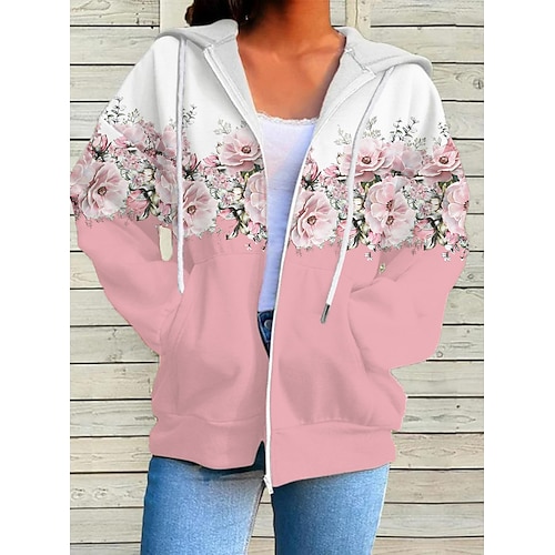 

Mulheres Moletom zip Up com capuz Ativo Vintage Roupa de Esporte Com Cordão Zip Up Bolso frontal Preto Branco Rosa Floral Casual Esportes Capuz Manga Longa Top Micro-Elástica Outono inverno