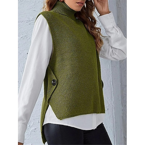 

Pull Gilet Maille Femme A côtes Tricoter Normal Bouton Couleur unie Col Roulé mode Décontractées du quotidien Sortie Sans Manches Automne Hiver Vert Véronèse Rouge S M L