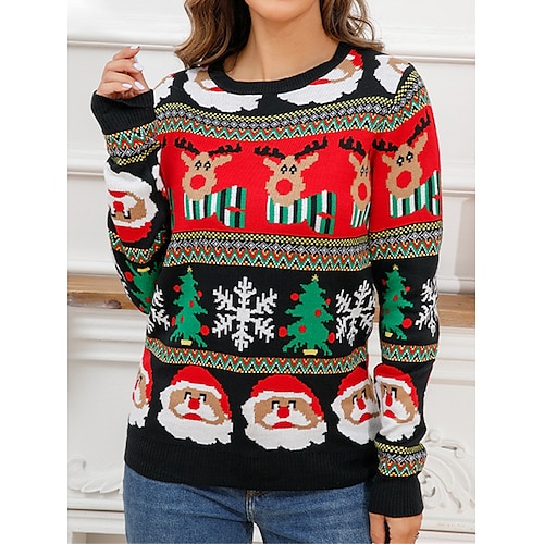 

Women's Ugly Christmas Sweater Pullover Sweater Jumper Jumper Ribbed Knit Regular Patchwork Santa Claus Crew Neck Stylish Casual Outdoor Christmas Fall Winter Red S M L