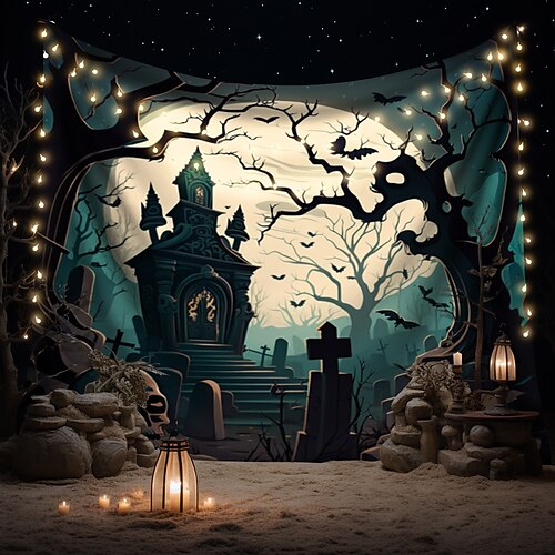 Halloween Decorations Wall Art Large Tapestry Mural Photo Background Blanket Curtains Bedroom Living Room Decoration Horror Pumpkin Monster Graveyard Haunted House