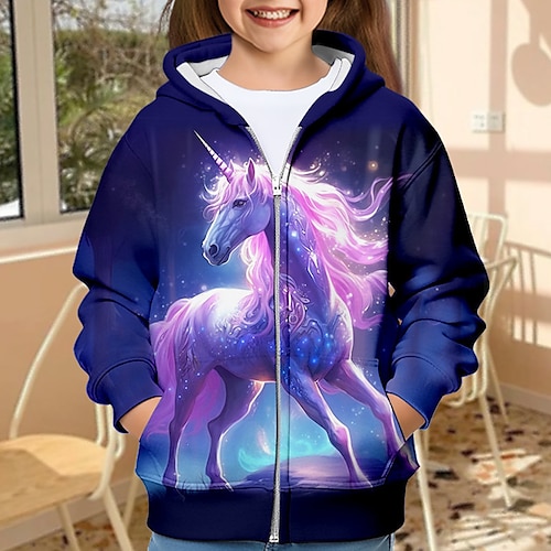 

Girls' 3D Unicorn Hoodie Coat Outerwear Long Sleeve 3D Print Fall Winter Active Fashion Cute Polyester Kids 3-12 Years Outdoor Casual Daily Regular Fit