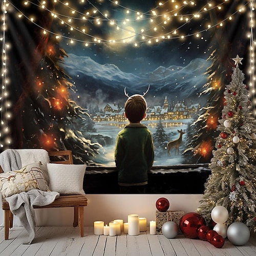 

Tapiz colgante con vista de nieve de Navidad, arte de pared, tapiz grande de Navidad, decoración mural, fotografía, telón de fondo, manta, cortina, hogar, dormitorio, sala de estar