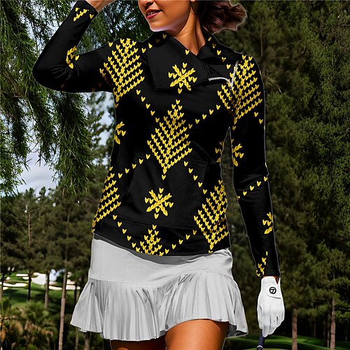 

Damen-Poloshirt, Weihnachts-Golfshirt, thermisch, warm, atmungsaktiv, feuchtigkeitsableitend, langärmlig, Golfbekleidung, Golfkleidung, normale Passform, Reißverschluss, Seitentaschen, bedruckt,