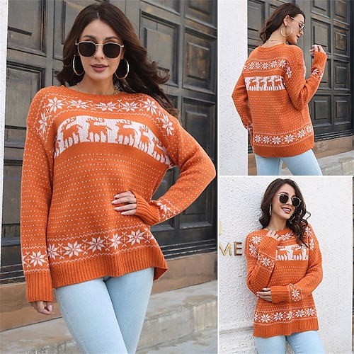 

Damen Hässlicher Weihnachtspullover Strickwaren Gerippt Stricken Standard Patchwork Jeder Rundhalsausschnitt Stilvoll Vintage-Stil Outdoor Weihnachten Herbst Winter Orange S