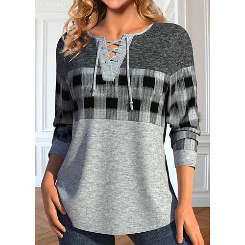 

Femme T shirt Tee Gris Plaid Imprimer manche longue du quotidien Fin de semaine Mode Col V Standard Peinture Printemps Automne