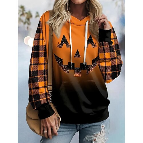 

Damen Halloween Sweatshirt Zur Seite fahren Aktiv Sport Kordelzug Vordertasche Orange Plaid Kürbis Halloween Casual Kapuzenpullover Langarm Oberteil Mikro-elastisch Herbst Winter