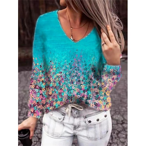 

Femme T shirt Tee Jaune Rose Claire Bleu Floral Imprimer manche longue Vacances Fin de semaine Mode Col V Standard Fleur Peinture Printemps Automne