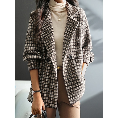 

Women's Wool Blazer Winter Coat Plaid Warm with Pockets Stylish Contemporary Casual Jacket Long Sleeve Coffee