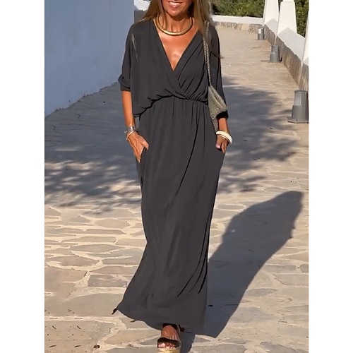 

Women's Black Dress Long Dress Maxi Dress Cotton Pocket Daily Date Fashion Basic V Neck 3/4 Length Sleeve Black Color