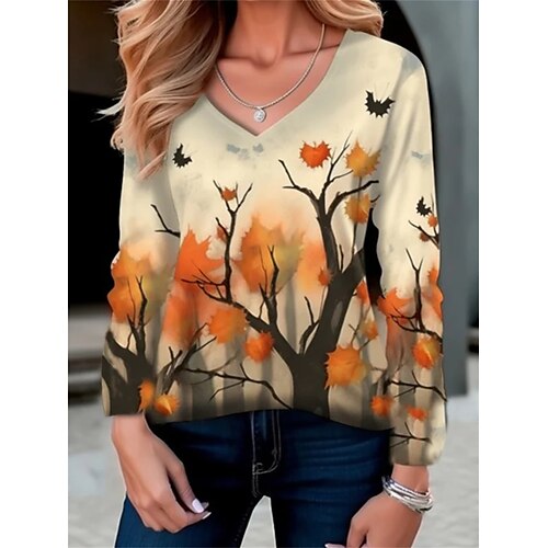 

Mulheres Camiseta camisa do dia das bruxas Laranja Folha Imprimir Manga Longa dia das Bruxas Final de semana Festival / feriado Decote V Normal Tema Flores Pintura Primavera Outono