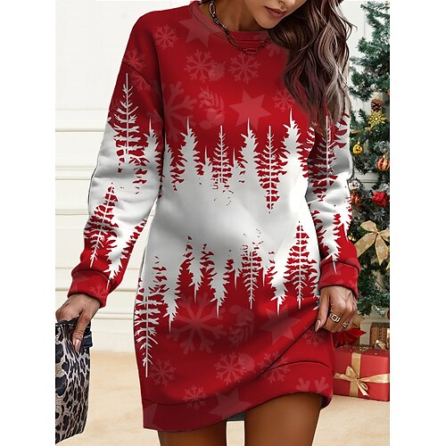 

femme Noël tenue décontractée robe sweat mini robe chaud mode extérieur vacances col rond imprimé arbre cerf coupe ample vin blanc bleu marine s m l xl xxl