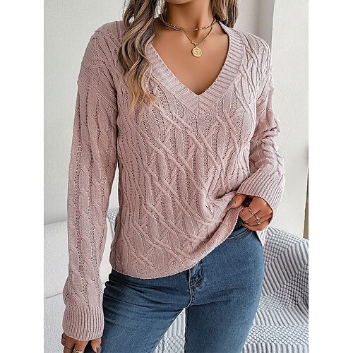 

Pull Maille Femme torsadé Tricoter énorme Couleur unie Col V mode Décontractées du quotidien Sortie manche longue Automne Hiver Rose Claire Bleu S M L