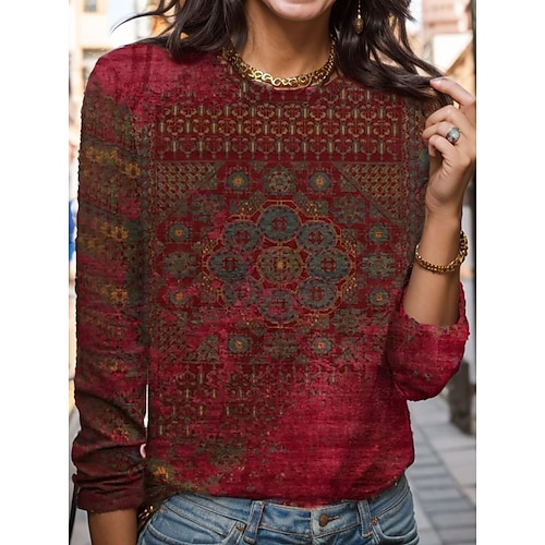 

Damen T Shirt Rosa Rote Blau Graphic Bedruckt Langarm Täglich Wochenende Basic Rundhalsausschnitt Regular Fit Farbe Frühling Herbst