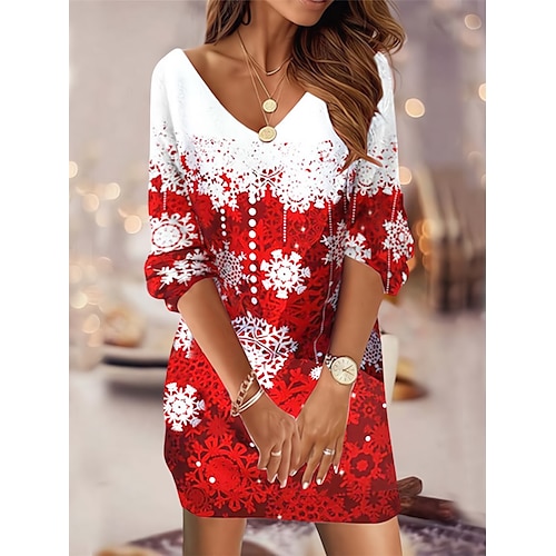 

Robe casual Robe sweat Femme Mini robe Extérieur Noël Vacances Manches 3/4 Col V Imprimer Mode du quotidien Motif de flocon de neige Ample Rouge Bleu Violet S M L XL XXL