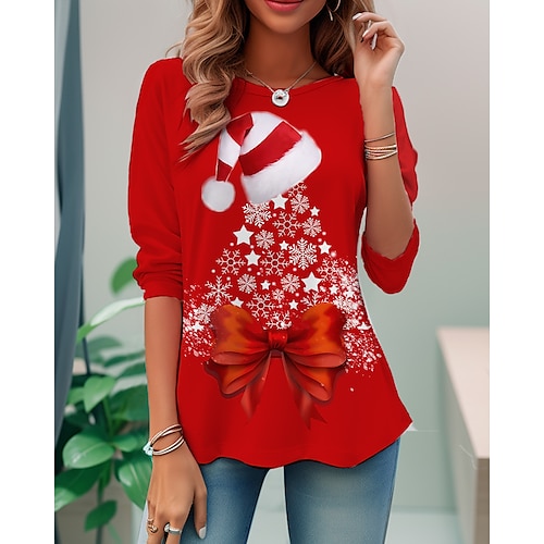 

Damen T Shirt Weihnachts-Shirt Rote Weihnachtsbaum Bedruckt Langarm Weihnachten Wochenende Fest / Feiertage Weihnachten Rundhalsausschnitt Regular Fit Farbe Frühling Herbst